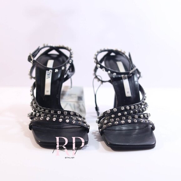 Zara black crystal rhinestone studded embellished sandal high heel Sz 37 NWT - Picture 1 of 7
